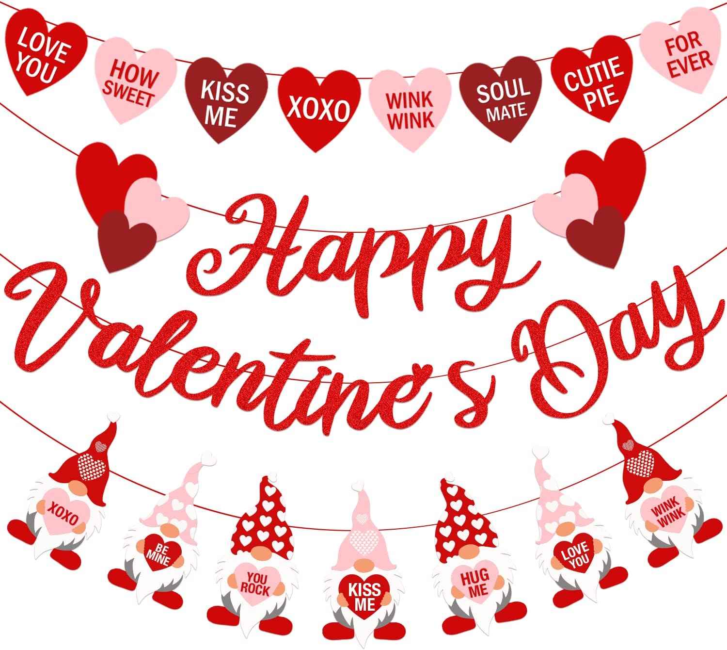 Valentine's Day Garland Banner Including Glitter Happy Valentine's Day Banner, Valentines Gnomes Garland Banner, XOXO Heart Garland for Valentines Gnomes Wedding Engagement Anniversary Party