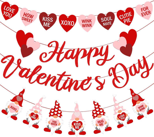 Valentine's Day Garland Banner Including Glitter Happy Valentine's Day Banner, Valentines Gnomes Garland Banner, XOXO Heart Garland for Valentines Gnomes Wedding Engagement Anniversary Party