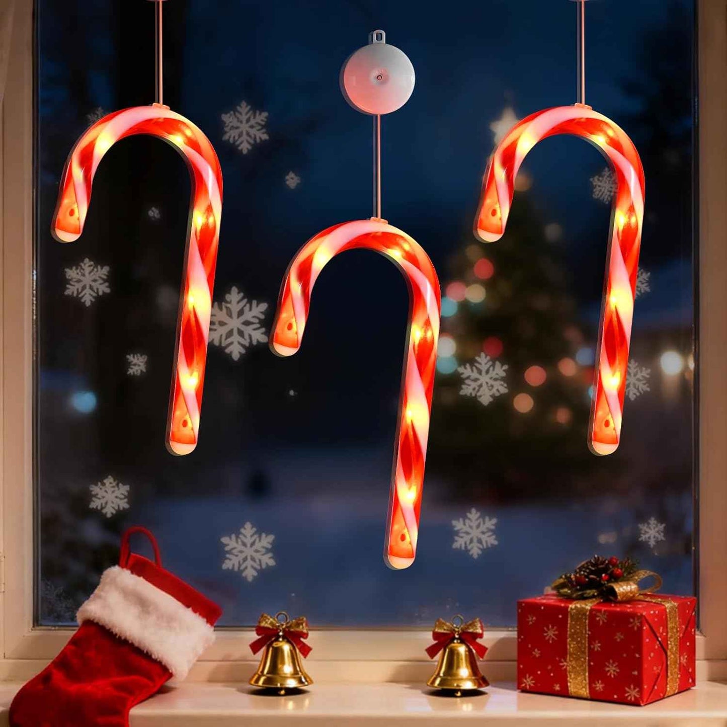 3Pack Christmas Window Lights Decorations with Timer, Battery Powered Hanging Warm White Lighted Tree Bell Star Shaped LED Sucker for Xmas Tree Fireplace Indoor Decor