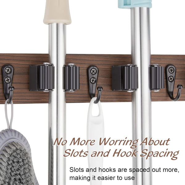 Mop and Broom Holder Wall Mount - Rustic Wood Broom Mop Hanger - Wall Mounted Garden Tool Rack Organizer for Closet Garage Laundry Room Kitchen Decor With 4 Slots & 4 Hooks - Rayz Mart