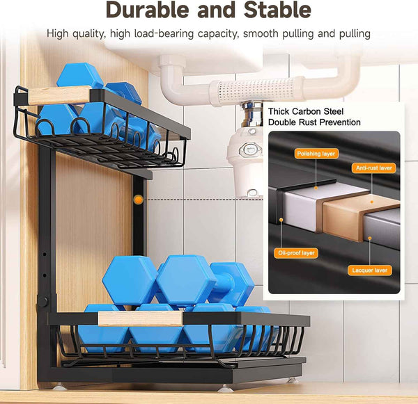 2 Packs Under Sink Organizer, 2026 Upgrade Height Adjustable 2 Tier Under Kitchen Sink Organizer, Multi-Purpose Storage Shelf for Kitchen Bathroom Cabinet (Black)