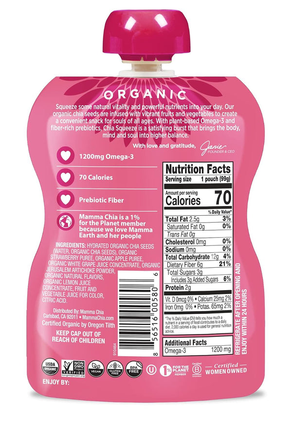 Mamma Chia Organic Prebiotic Squeeze Snack, Strawberry Lemonade, 16- 3.5 Ounce , Fiber-Rich Prebiotic Gut Support, USDA Organic, Non-GMO, Vegan, Gluten Free (Pack of 16)