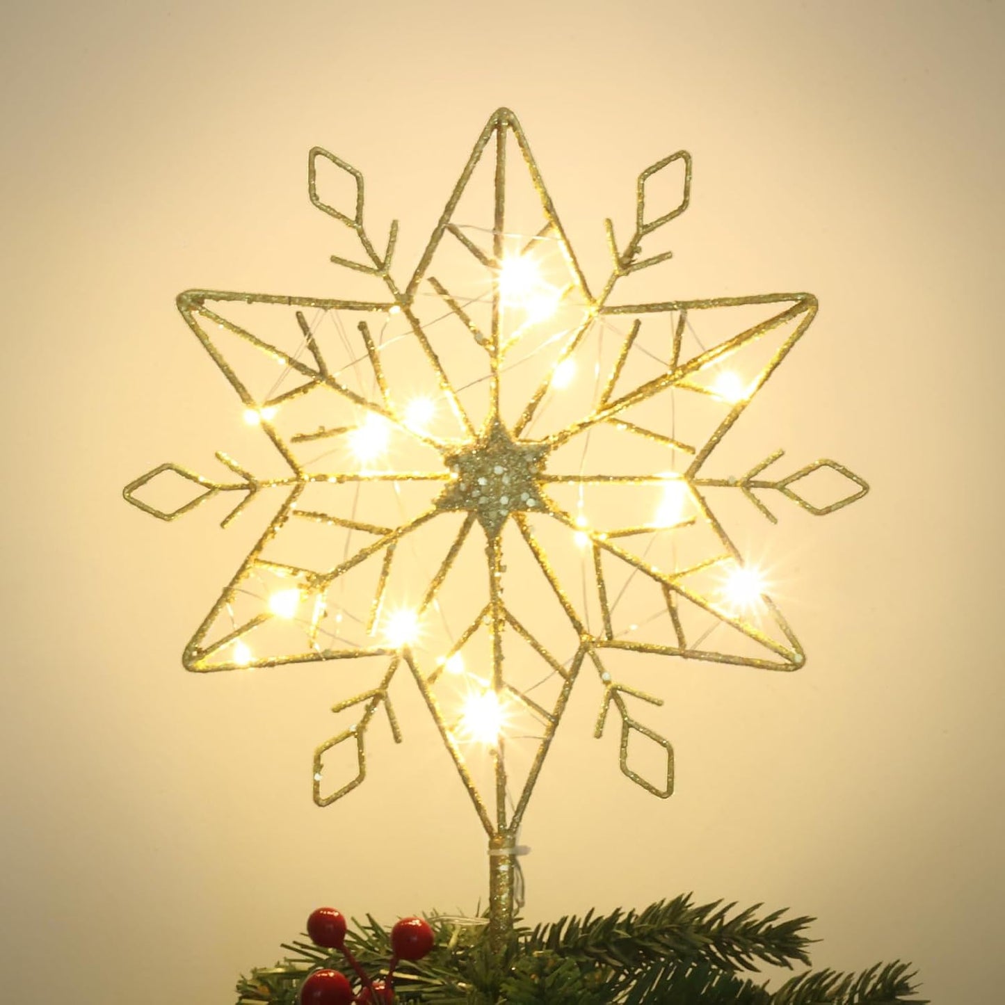 hogardeck Christmas Tree Topper, 11 Inches Lighted Gold Glittered 8-Point Star Tree Topper, 30 LED Sparkling Tree Toppers Christmas Decorations, Battery Powered Timer Xmas Treetop Star Decor