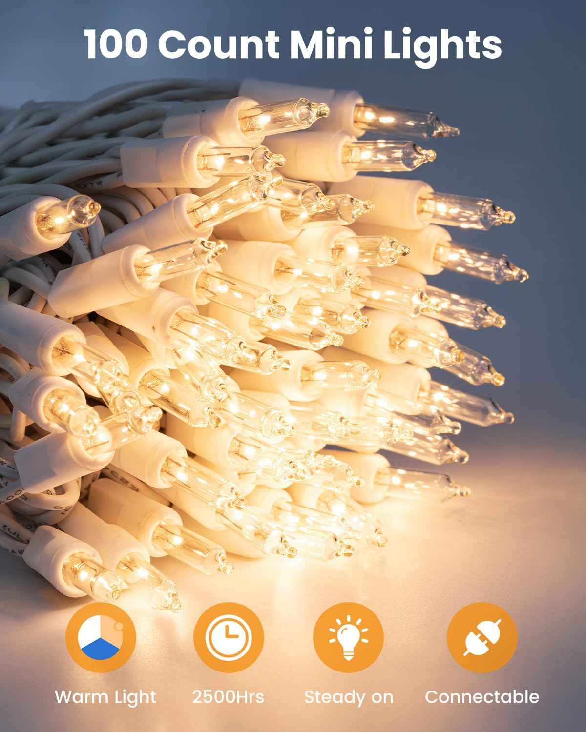 Minetom Clear Christmas Lights Set 100 Count 25 Feet Incandescent Bulb Mini String Lights for Indoor Christmas Tree Garland Birthday Wedding Party Festival Decoration, White Wire