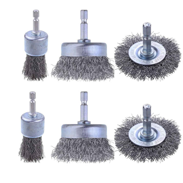 Carbon Steel Wire Wheel and Pen Brush Set for Rust Removal, 1/4-Inch Hex Shank, 6 Pack