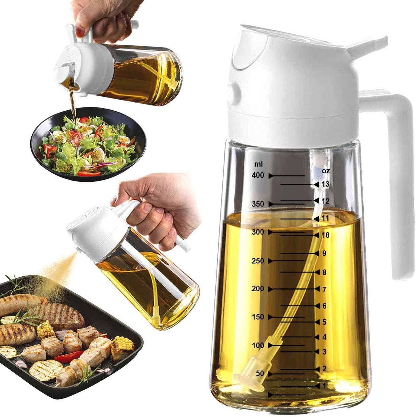 TrendPlain 16oz/470ml Glass Olive Oil Sprayer for Cooking – 2 in 1 Olive Oil Dispenser Bottle for Kitchen Gadgets and Air Fryer Accessories, Salad, BBQ - Black