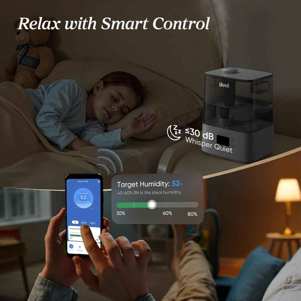 levoit large room humidifier with app and voice control, 6l cool mist, gray