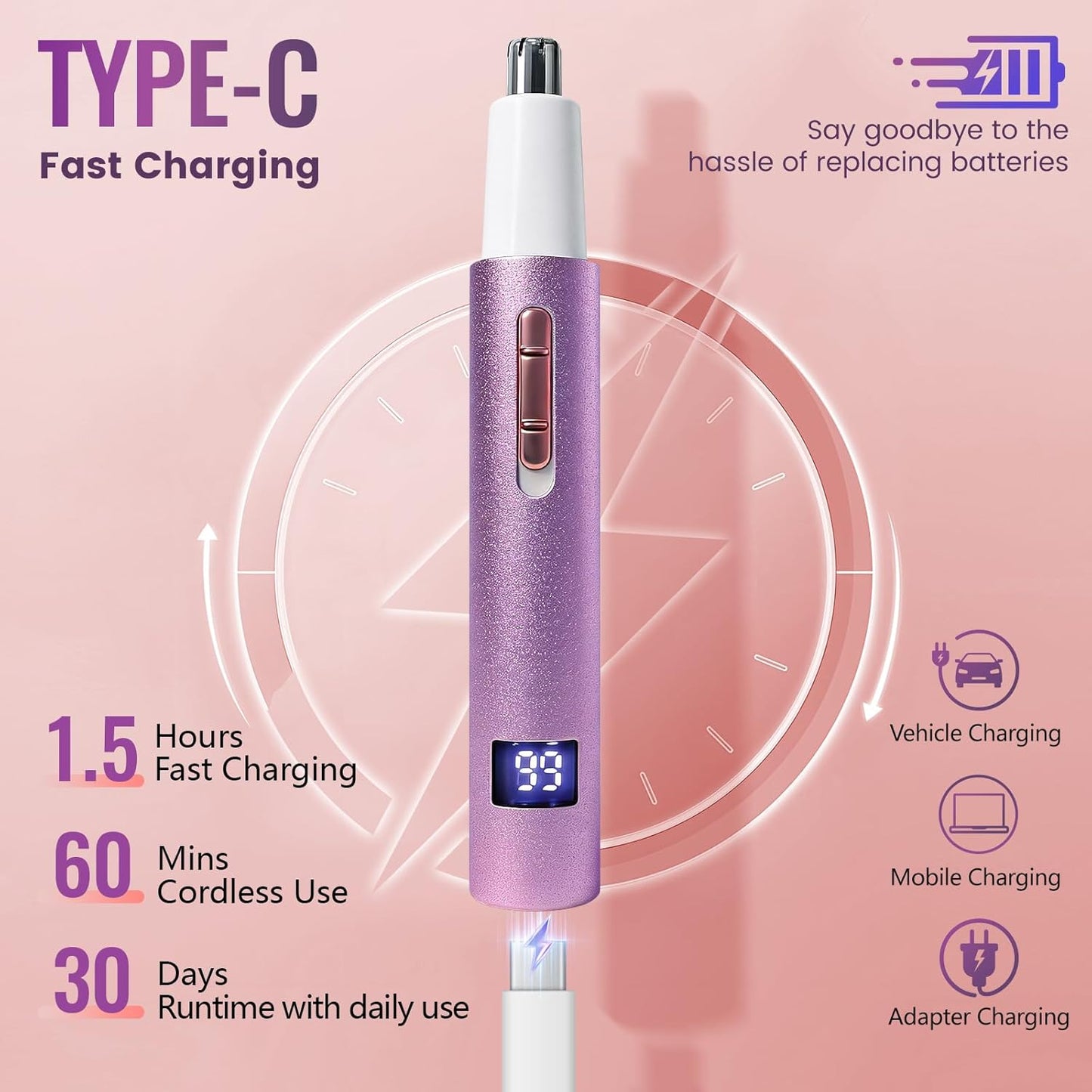 Nose and Ear Hair Trimmer with LED Display for Women Men,2 in 1 Eyebrow Hair Trimmer with USB Rechargeable,2026 Portble Waterproof Facial Hair Removal with Dual-Edge Blades (Purple)