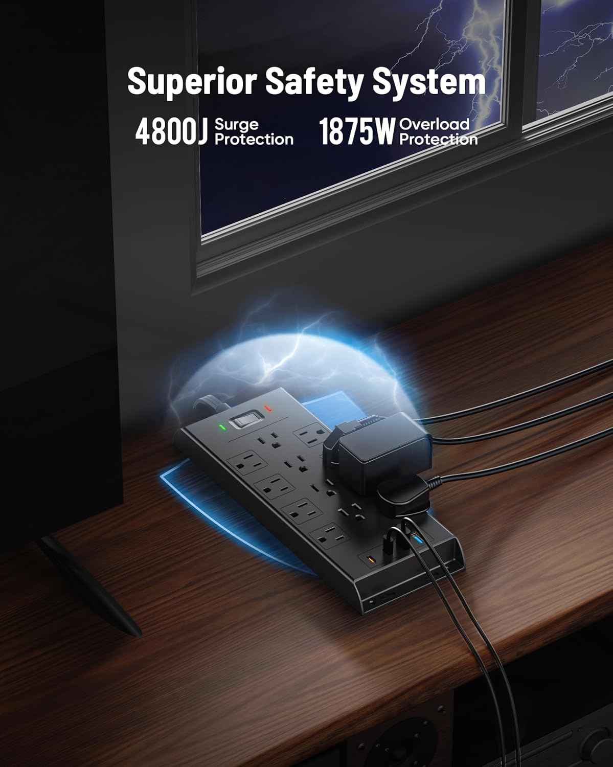 Surge Protector Power Strip 4800J, LeZone 10Ft Long Extension Cord Flat Plug, 12 Outlets 2 USB C 2 USB Ports, Wall Mountable, 20W Desk Charging Station, Black