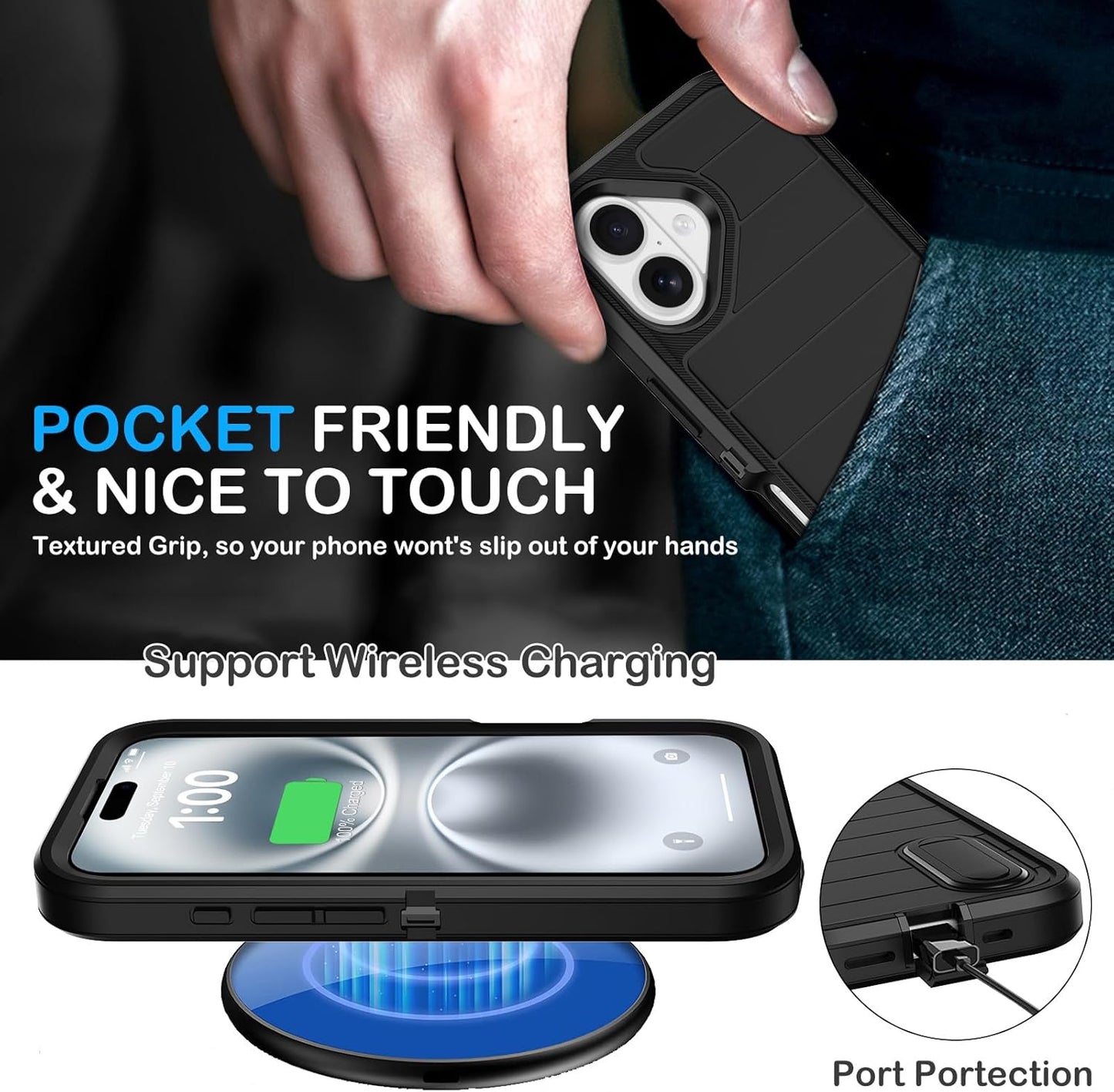 for iPhone 16 Case with 2 Screen Protectors,Heavy Duty Shockproof Drop Protection Military Grade Tri-Layer Rugged Cell Phone Cover with Built-in Invisible Kickstand 6.1“ (Black)