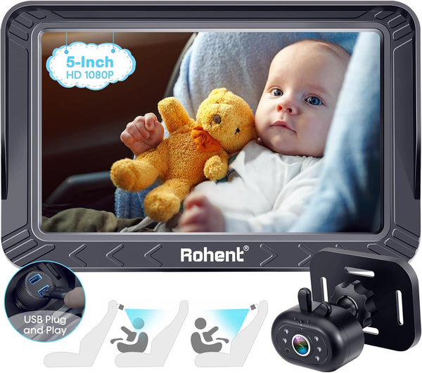 Rohent HD 1080P rear-facing baby car camera with 150° wide-angle lens, night vision, and adjustable display
