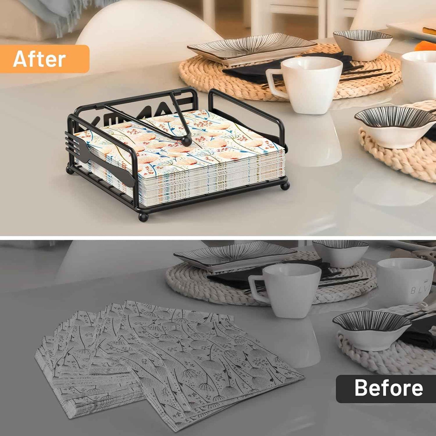 Napkin Holder for Table, Flat Napkin Dispenser with Weighted Arm, Square Cocktail Paper Holder of Elegant Rustic Iron for Kitchen Dining Room Decor Restaurant Farmhouse Hotel Party, Black