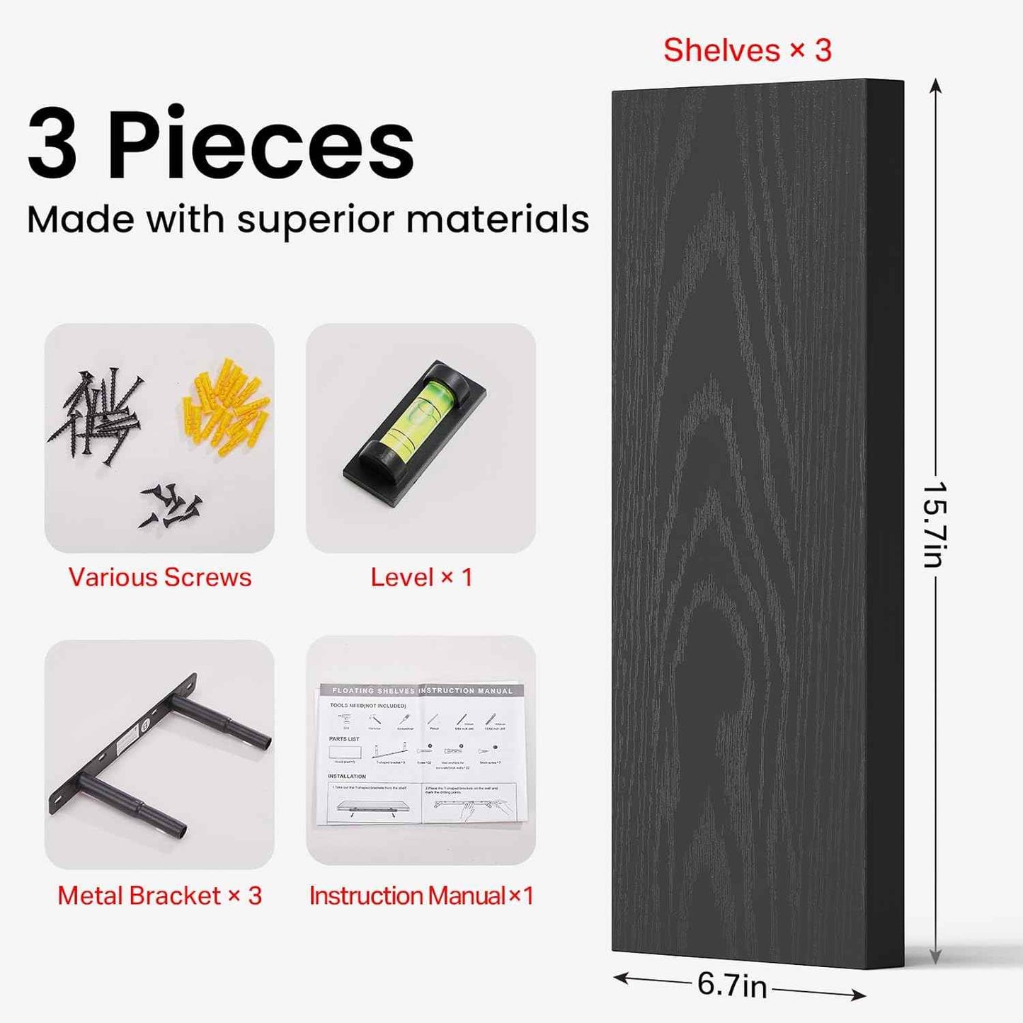 BAYKA Floating Shelves for Wall, Wall Mounted Rustic Wood Shelves for Bathroom, Bedroom, Living Room, Kitchen, Hanging Shelf for Books/Storage/Room Decor with 22lbs Capacity (Black, Set of 3, 15.7in)