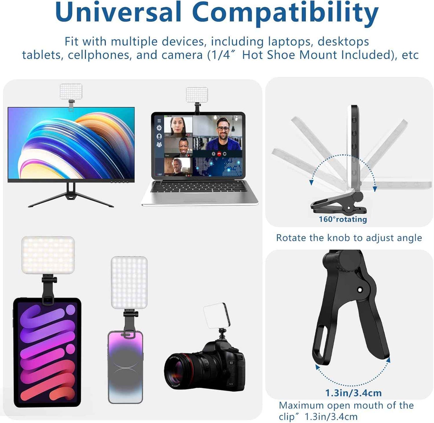 ALTSON 60 LED Portable Selfie Light Video Conference Lighting with Clip & Camera Tripod Adapter Rechargeable 2200mAh CRI 97+, 3 Light Modes for Phone iPhone Webcam Laptop Photo Makeup