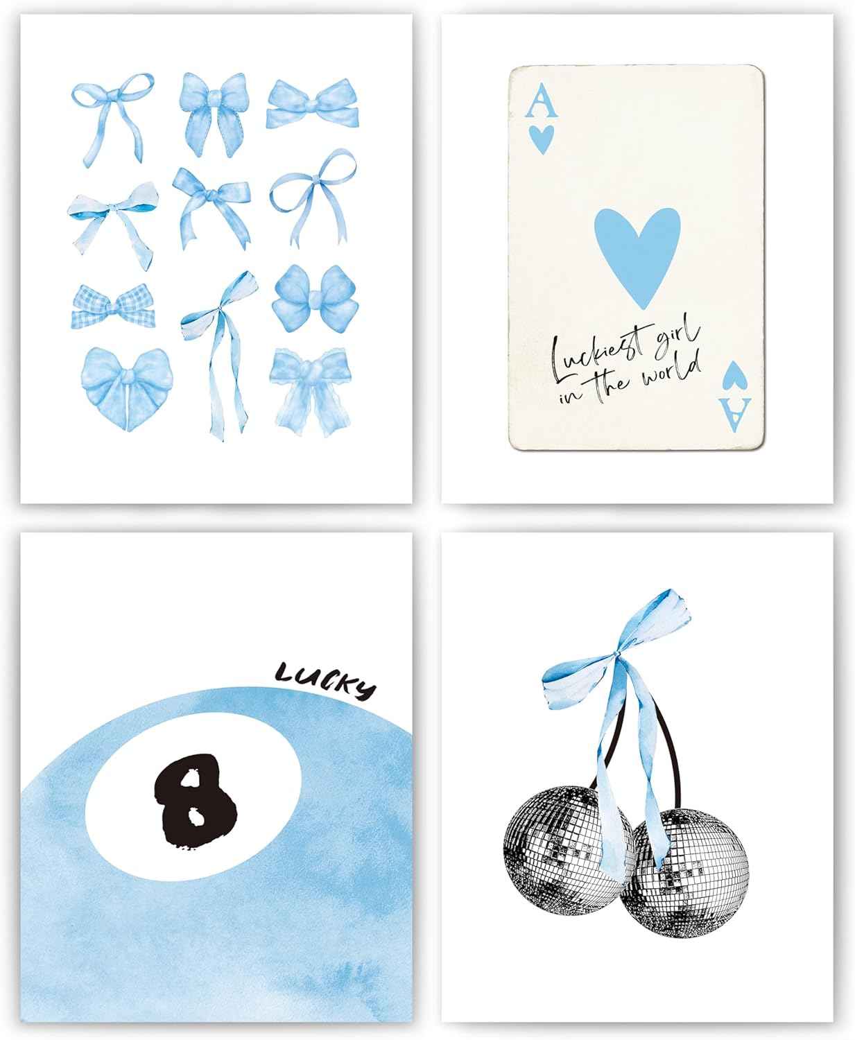 okaxscm Sage Green Coquette Trendy Preppy Wall Art Prints Set of 4, Coquette Preppy Room Decor Aesthetic, Green Bow Disco 8 Ball Cherry Wall Decor Posters for Girls Bedroom Dorm, 8x10 Unframed