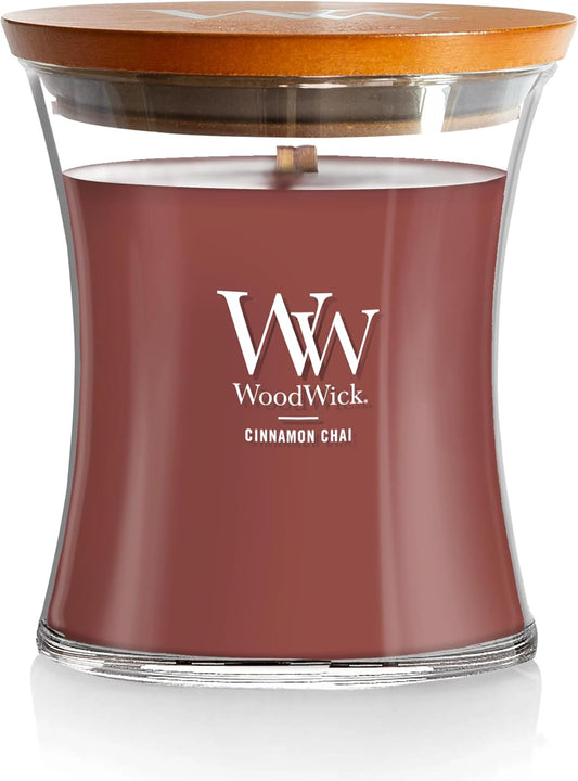 WoodWick Cinnamon Chai Holiday Candle Gifts for Women and Men, 9.7 oz Medium Hourglass Candle with Crackling Wick