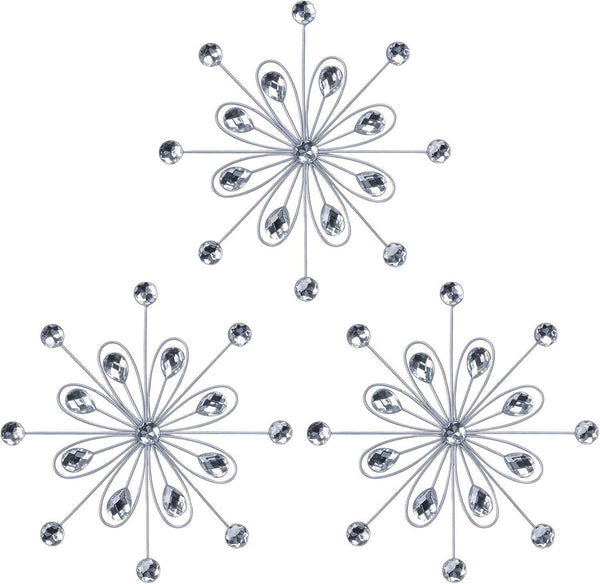 hogardeck Metal Flower Wall Decor, 11inch Silver Metal Jeweled Wall Art Bling Crystal Home Décor, Sun Burst Rhinestone Wall Hanging Diamond Accents for for Indoor, Outdoor, Living Room, Bedroom