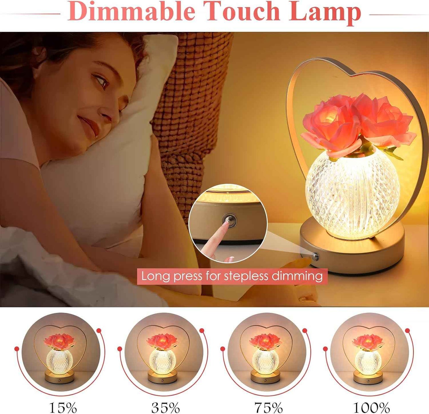 Rose Flower Lamp,Birthday Gifts for Women,Rechargeable Cordless LED Touch Lamps,3-Colour Infinitely Dimming Small Night Light,for Living Room,Dining Room,Bedroom Festival Home Decor | 3-Colour, Infinitely Dimming, Small Night Light, Living Room, Dining Ro