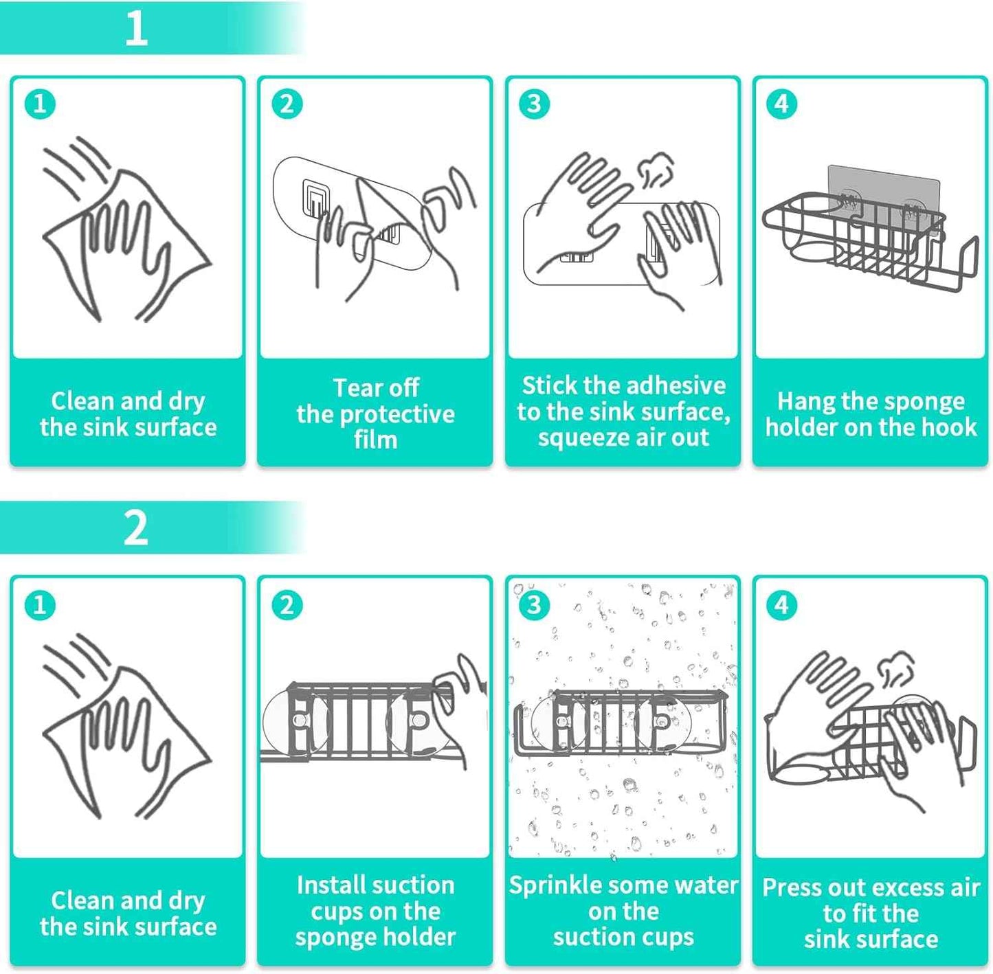 HapiRm 4 in 1 Sink Caddy Sponge Holder, SUS304 Stainless Steel Kitchen Brush Holder + Dish Cloth Hanger + Soap Rack + Sink Stopper Rack + Sponge Caddy for Kitchen - Silver