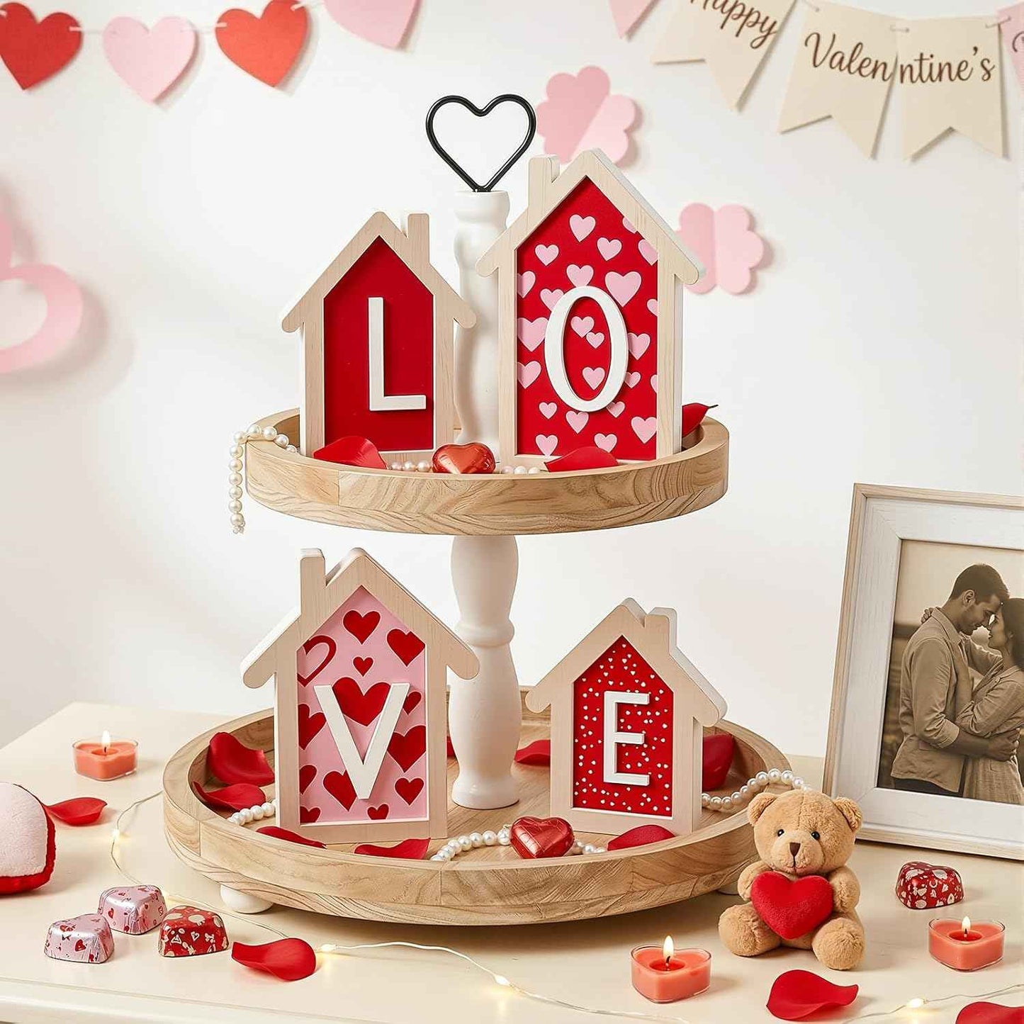 Valentines Day Decorations - 4 Pack 3D Design Wooden House Shape Sign, Valentines Day Table Decor, Valentine's Day Decorations for Home Office Tiered Tray Mantel Shelf
