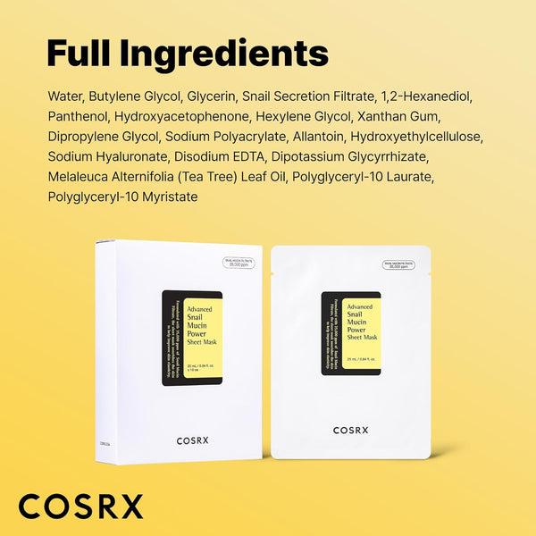 cosrx snail mucin sheet mask 10ea, 35000ppm snail mucin, self care, dry sensitive skin, cruelty free