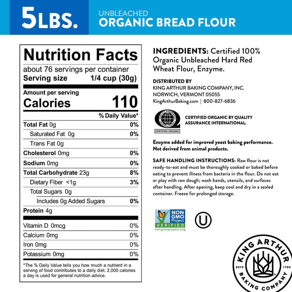 King Arthur 100% Organic Bread Flour, Unbleached, 5 lb - Non-GMO, No Preservatives