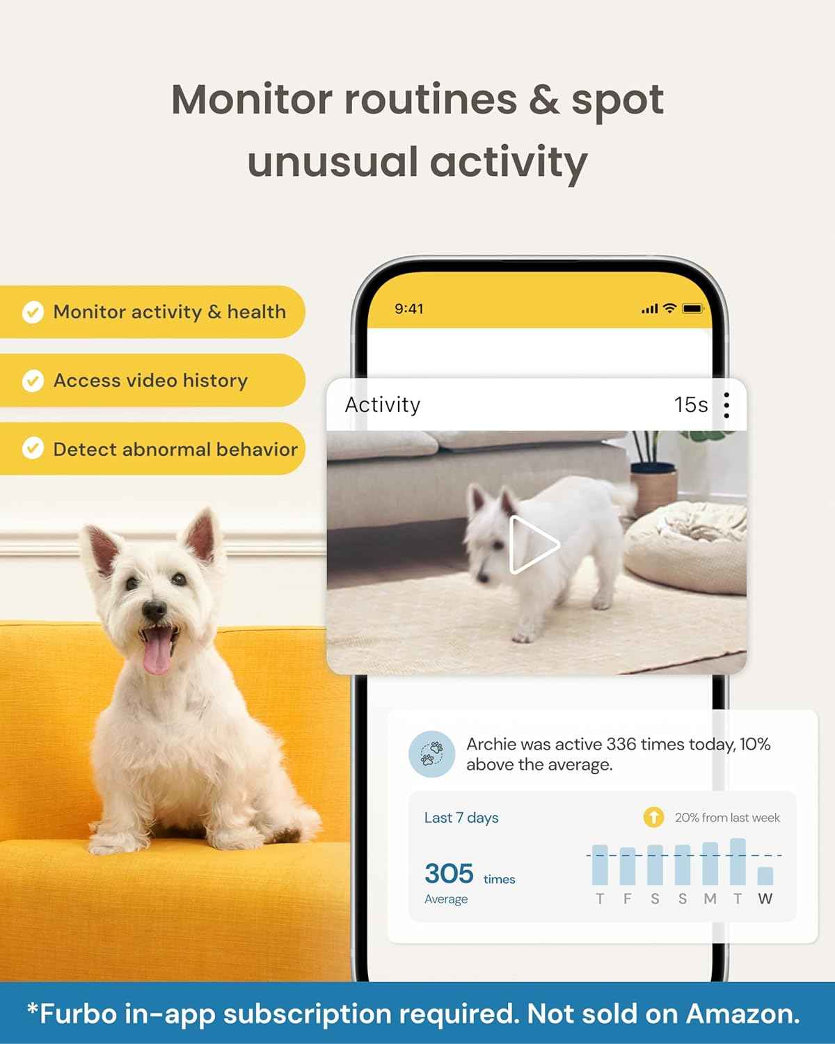 Furbo 360° Dog Camera [Subscription Required] Unlock w/Paid Plan: Home Security & Dog Safety Alerts, Rotating Pet Treat Toss, 2-Way Speaker (Low Risk, 3mo Min. Cancel Anytime)