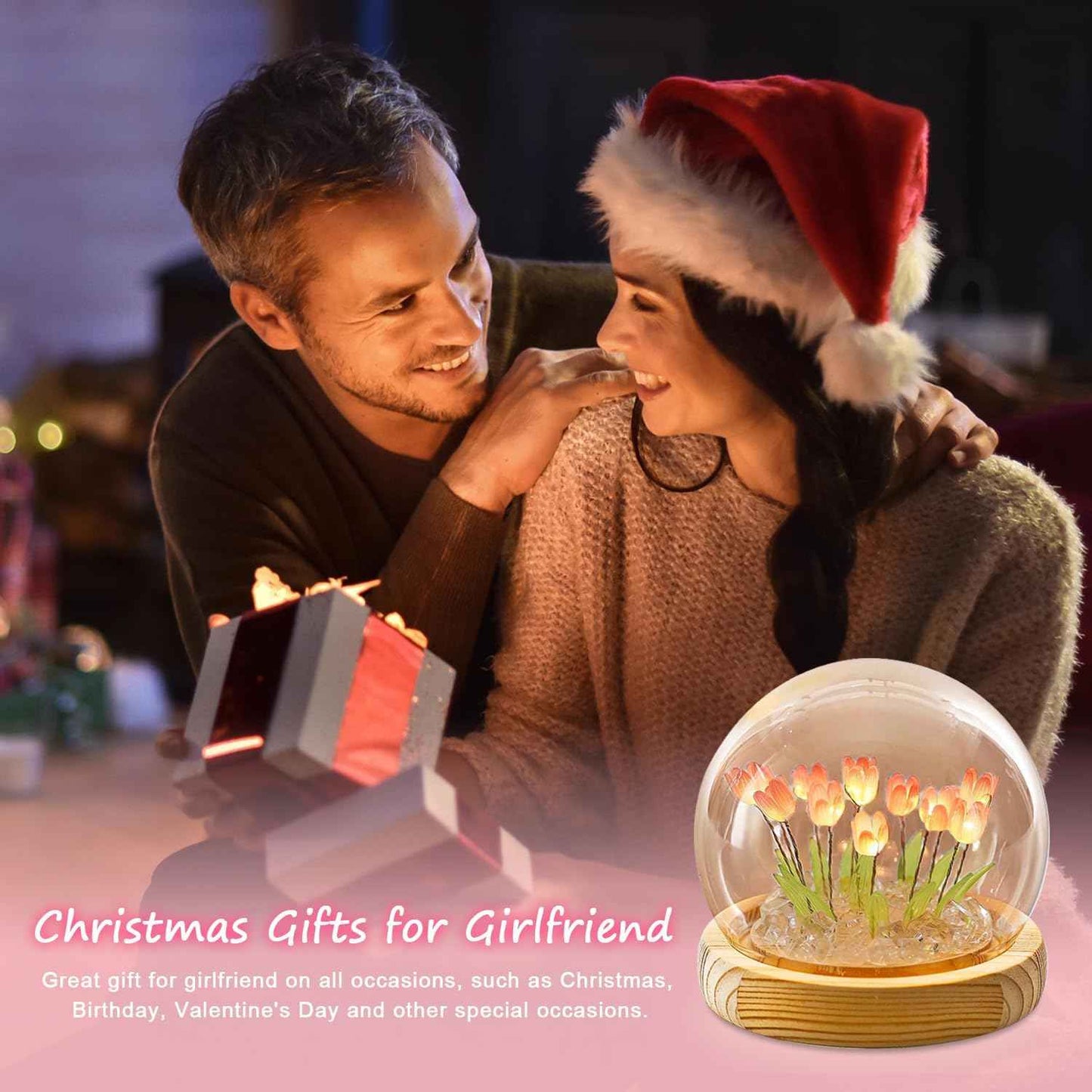 Valentine’s Day Gifts for Women – Tulip Lamp with Glass Dome, Birthday Gift for Girlfriend, Wife, Mom, Battery Operated LED Flower Night Light for Bedroom, Home and Table Decor