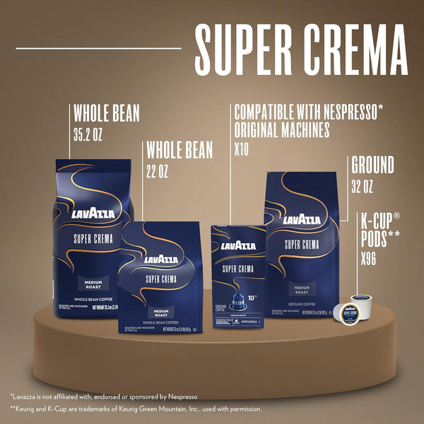 Lavazza Super Crema whole bean coffee, medium espresso roast, Arabica and Robusta blend, 2.2 lb bag