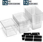 12 pack large clear storage bins with handles and labels for home organization