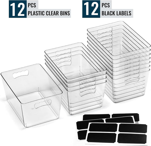 12 pack large clear storage bins with handles and labels for home organization