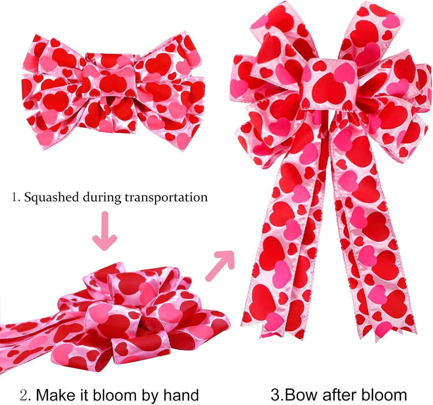 Valentine Tree Topper Bow with Heart Decorations, 11.4”x19.6” Large Red Pink Valentines Wreath Bow Decor for Valentine's Day Wedding Holiday Party Wall Home Front Door Decorative