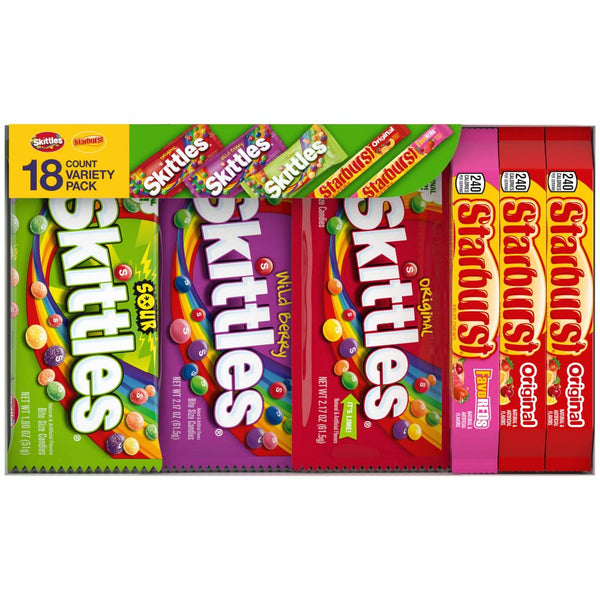 Bulk box of assorted SKITTLES and STARBURST candies, 37.05 oz, 18-count variety mix