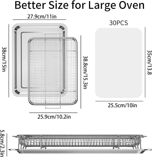 Air Fryer Basket for Oven, OPENICE 15.3" x 11.0" Large Air Fryer Tray and Pan with 30PCS Parchment Papers, Stainless Steel Oven Air Fryer Basket and Tray for Baking Grilling