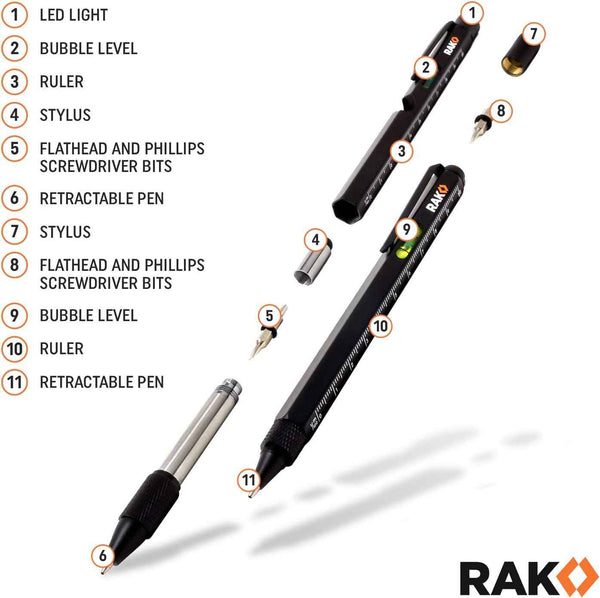RAK Multitool Pen - Multi-Tool Pens with LED Light, Flathead, Phillips Screwdrivers, Level, Ruler, Bottle Opener, and Stylus