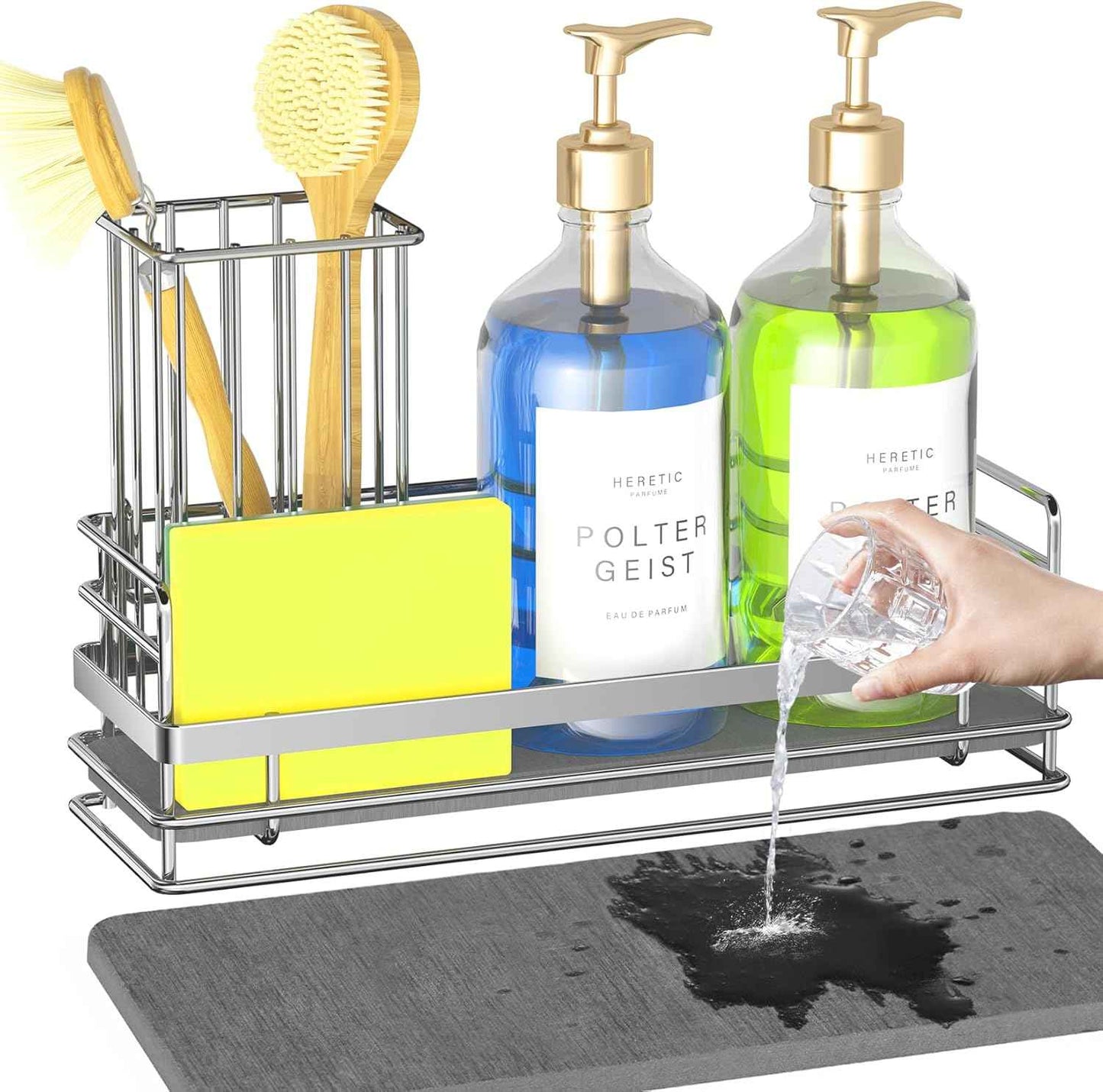 Yofidra Kitchen Sink Caddy: Sink Sponge with Instant Drying Stone, Metal Stainless Steel Dish Sponge Holder Basket for Sponges, Scrubbers, Soap, 9.5" X 5.5" X 5.7" Home Decor Storage and Organization