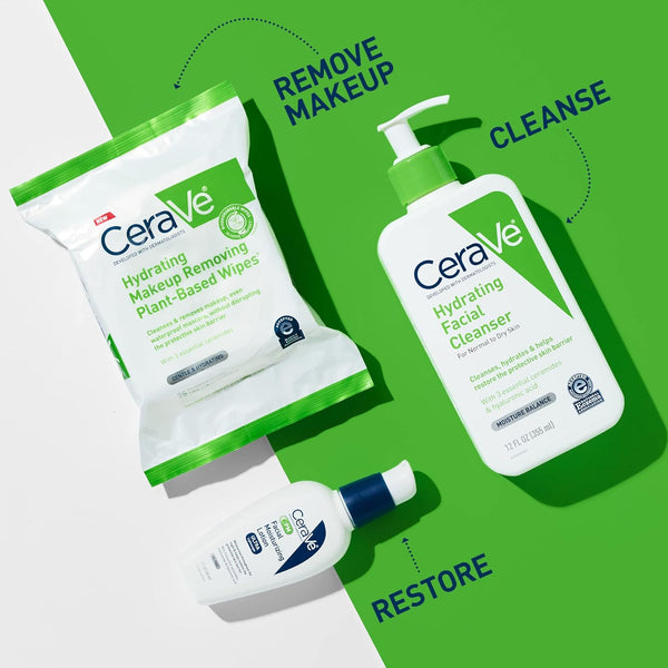 cerave plant-based face wipes, hydrating makeup remover, biodegradable, fragrance-free, 25-count, sensitive skin