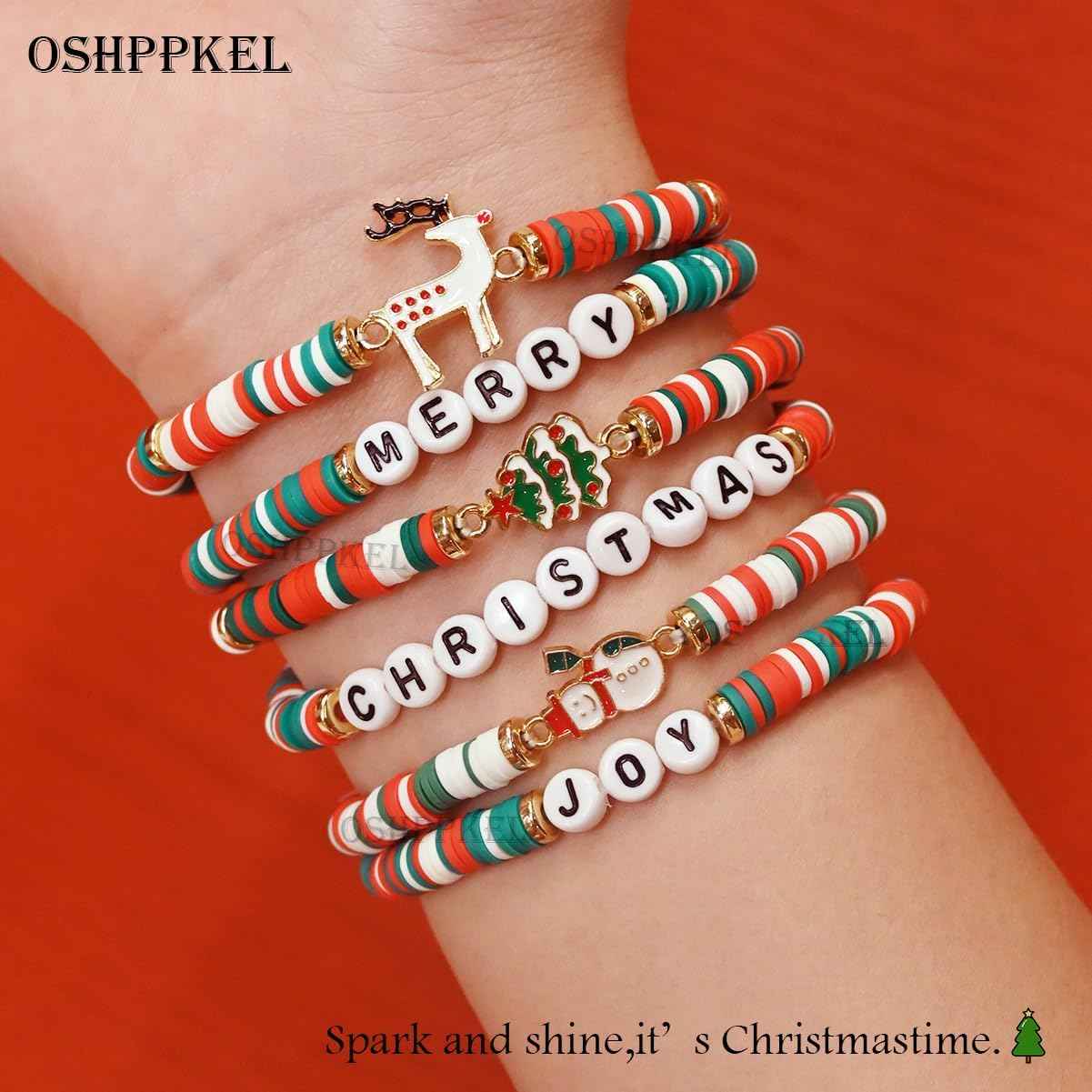 Christmas Gifts Girl Bracelets 6 Pack Polymer Clay Jewelry Merry Christmas Gifts for Women Teens Girl Gifts