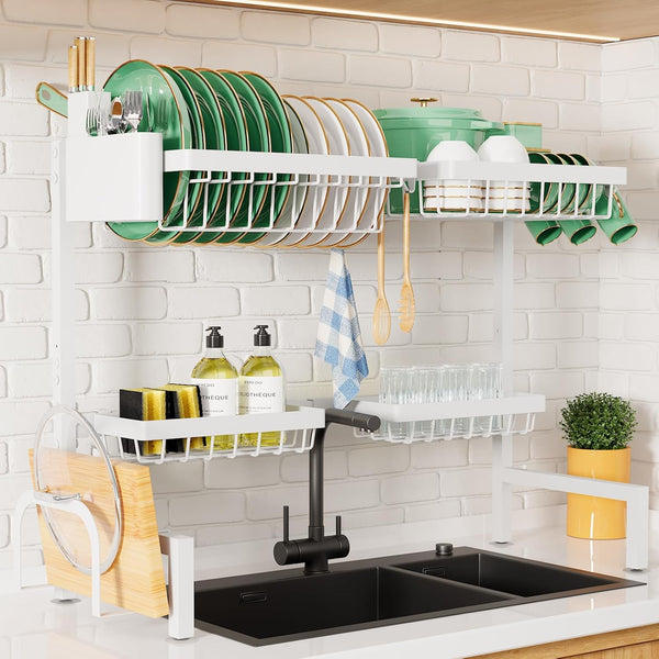 Adjustable over sink dish drying rack with large capacity and multifunctional baskets