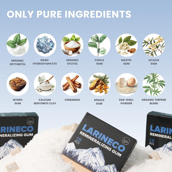 Larineco Remineralizing Gum with Nano Hydroxyapatite and Xylitol - Sugar-Free, Plastic-Free, Dye-Free - Mastic Mint, 36 Pieces