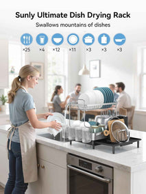 SUNLY 2 Tier Dish Drying Rack, Extra Large Dish Rack, Expandable Dish Racks for Kitchen Counter, Multifunctional Large Dish Drainers for Kitchen Counter, Black