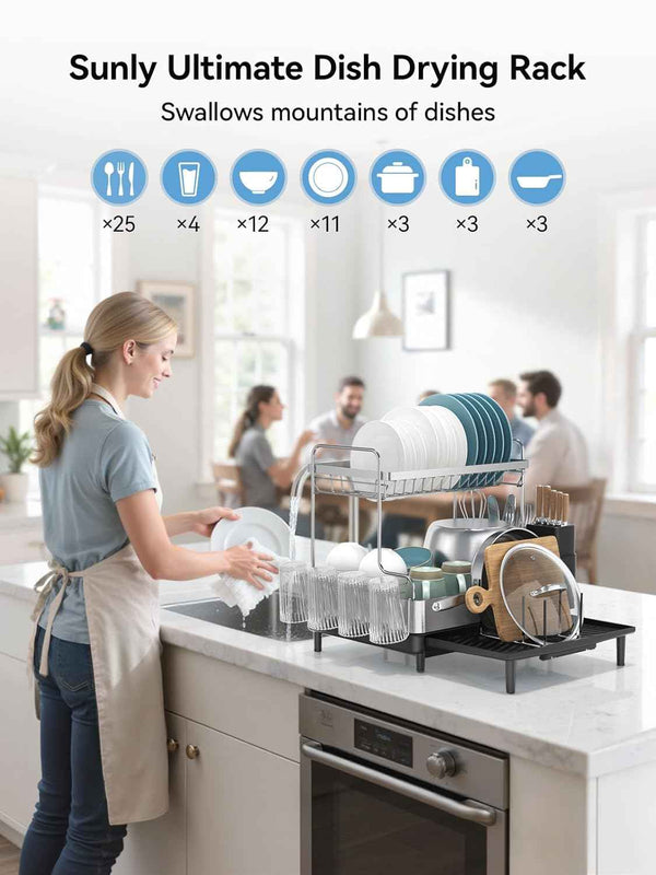SUNLY 2 Tier Extra Large Dish Drying Rack, Expandable for Kitchen Counter, Multifunctional, Black