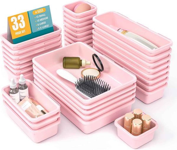 10 PCS Drawer Organizer Set, 4 Size Makeup Drawer Divider Organizer With Non-Slip Pads, Interlocking Plastic Storage Bins for Office,Jewelry Vanity,Gadgets, Bathroom,Kitchen, Black