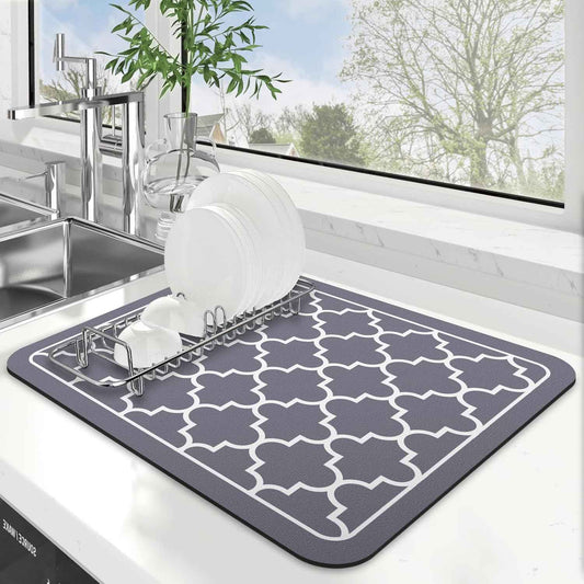 WISELIFE Dish Drying Mat Super Absorbent Drying Mat Large Dish Drying Mats for Kitchen Counter Easy Clean Dish Mat Kitchen Drying Mat15"x 18" Stylish Grey