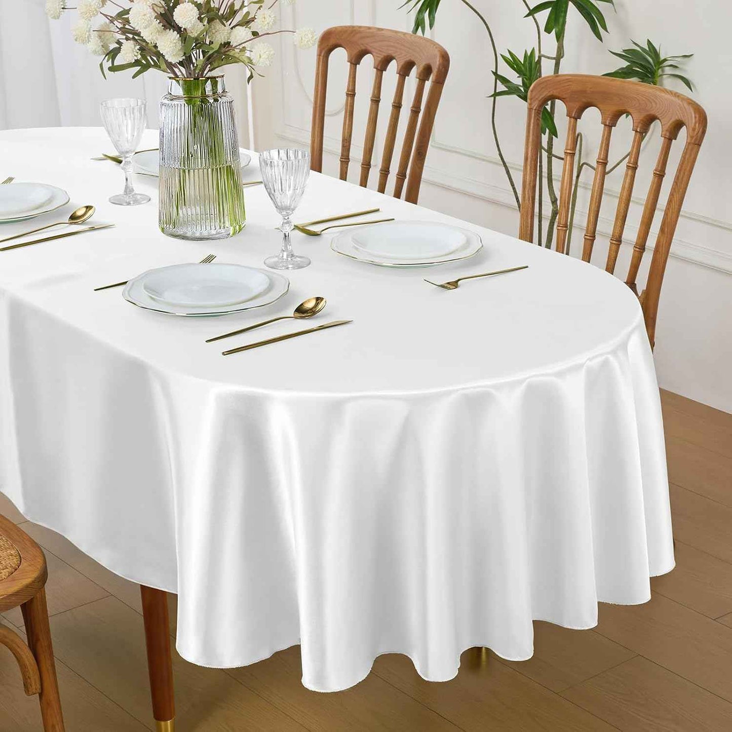 White Satin Oval Tablecloth 60 x 84 Inch Washable for Indoor/Outdoor Use, Wrinkle Resistant Stain Fabric Table Cover for Farmhouse, Dining, Kitchen, Wedding, Banquet, Party