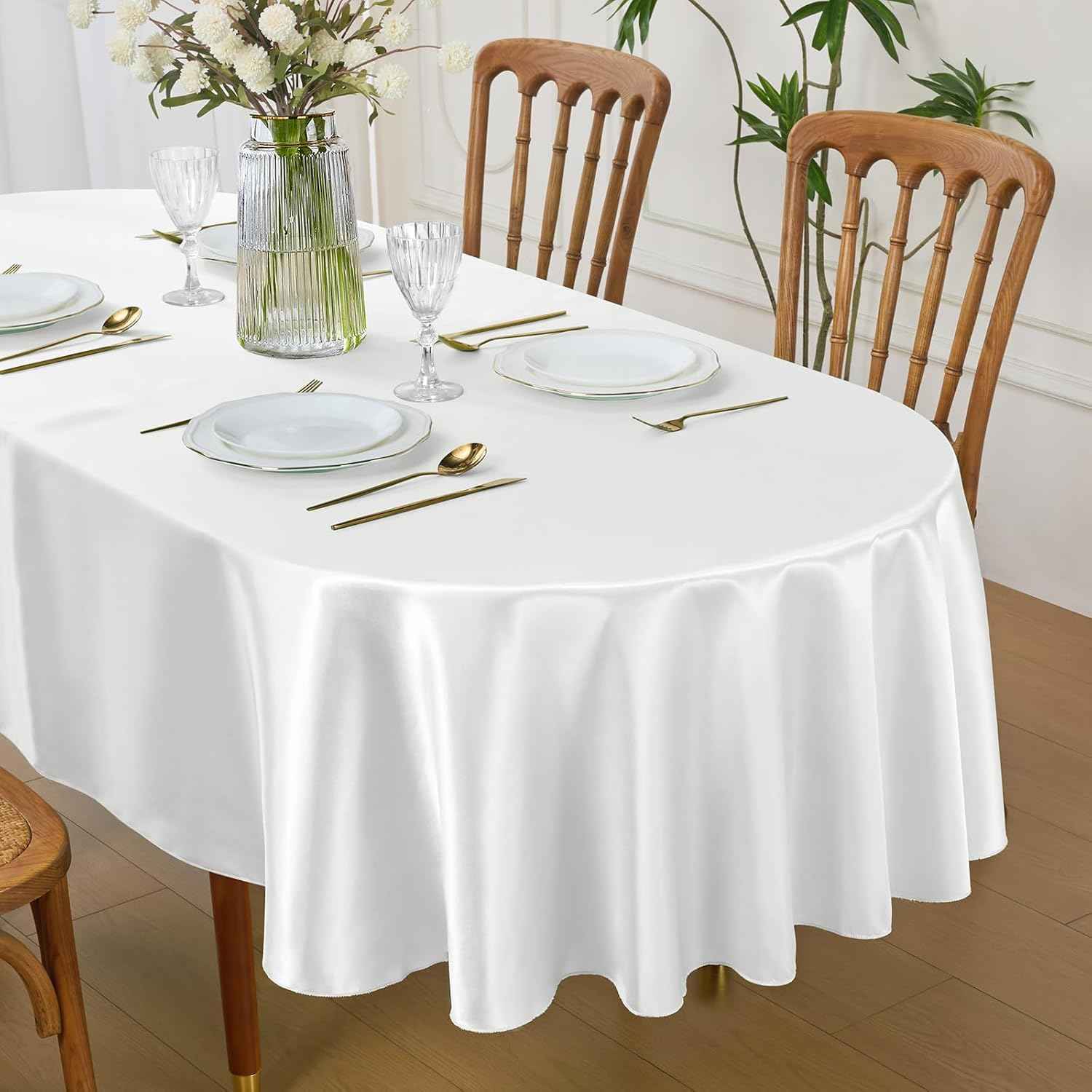 White Satin Oval Tablecloth 60 x 84 Inch Washable for Indoor/Outdoor Use, Wrinkle Resistant Stain Fabric Table Cover for Farmhouse, Dining, Kitchen, Wedding, Banquet, Party