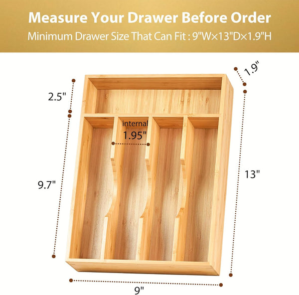 Bamboo kitchen drawer organizer for small drawers, 9 inch silverware tray holder