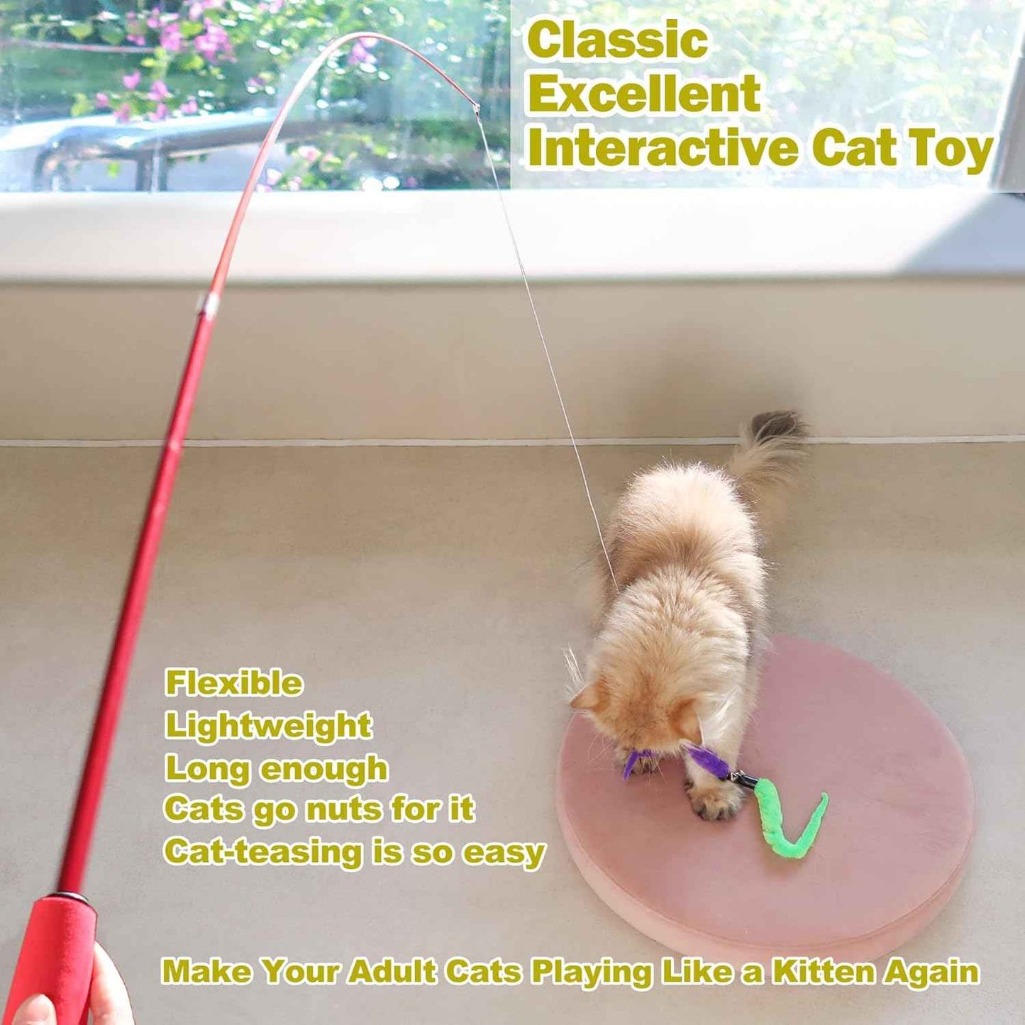 Cat Toys for Indoor Cats, Interactive Cat Toy 2PCS Retractable Wand Toy and 9PCS Cat Feather Toys Refills, Funny Kitten Toys Cat Fishing Pole Toy for Bored Indoor Cats Chase and Exercise