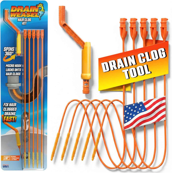 FlexiSnake 18-inch USA-made drain snake for hair clog removal with 5 wands and removable handle