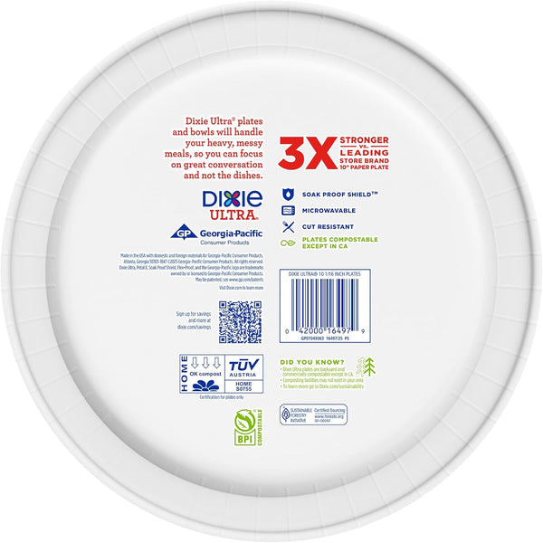 Dixie Ultra, Large Paper Plates, 10 Inch, 172 Count (4 packs of 43 plates), 3X Stronger*, Heavy Duty, Microwave-Safe, Soak-Proof, Cut Resistant, Disposable Plates For Heavy, Messy Meals